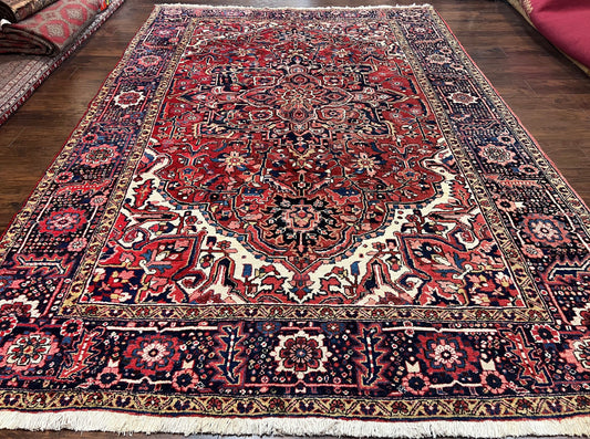 Persian Heriz Rug 8x12, Vintage Geometric Medallion Carpet, Semi Antique Wool Handmade Room Sized Oriental Rug 8 x 12, Red Dark Blue Ivory