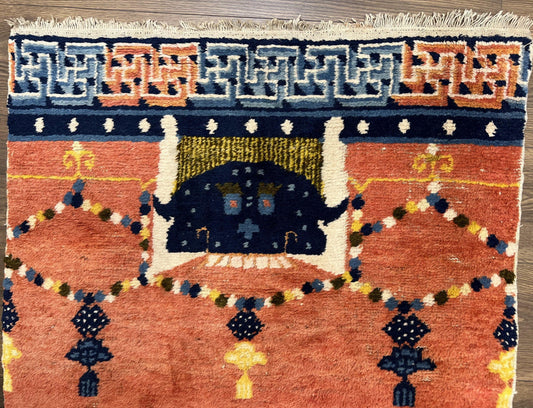 Rare Chinese Ningxia Pillar Rug 3x8, Late Qing Dynasty, 5 Clawed Dragon, Cloud Rainbow Border, Collectible Antique Carpet, Wool Hand Knotted