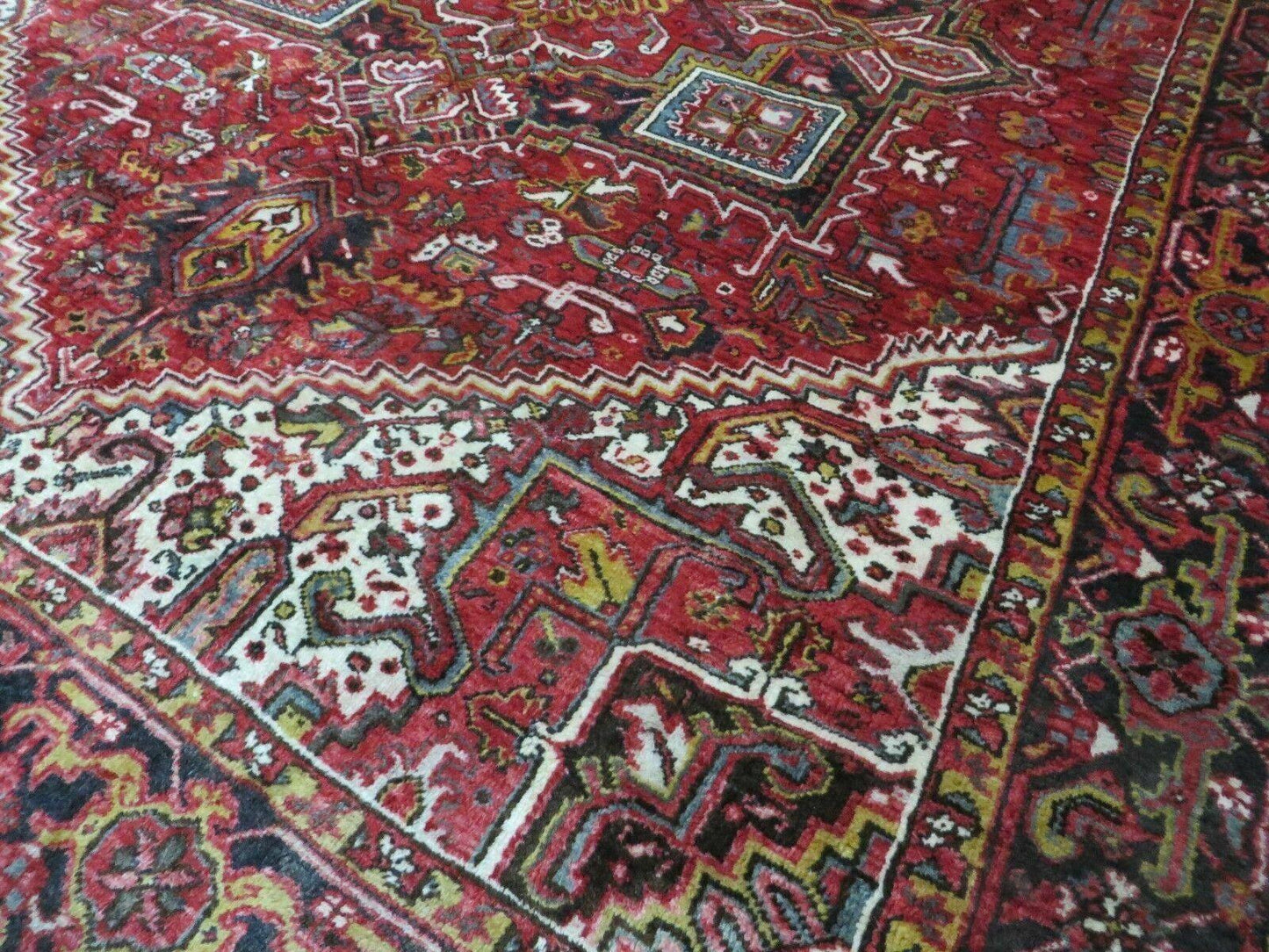 Heriz Rug 9x11, Geometric Persian Carpet Room Sized, Tribal Medallion Rug, Red Ivory Dark Blue Handmade Wool Rug for Living Room Dining Room