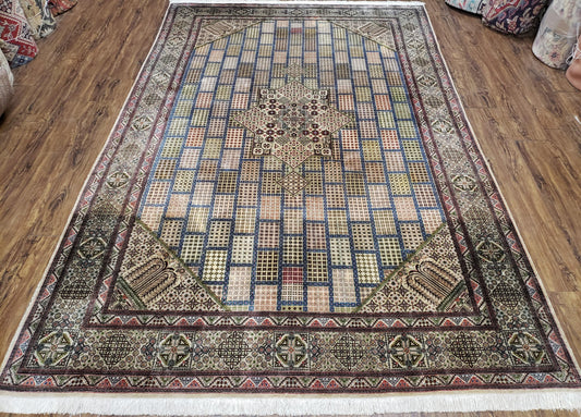Sino Persian Silk Rug 6.4 x 9.9, Very Fine Hand Knotted Carpet, Panel Design Multicolor, Silk Pile on Silk Foundation, Handmade Vintage