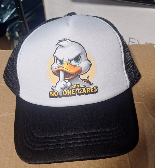 Adjustable Trucker Baseball Cap with "Shh No One Cares" Duck Design