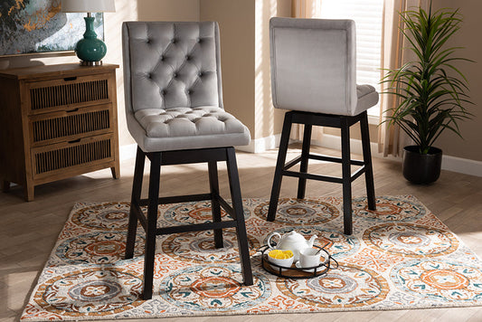 Baxton Studio Gregory Modern Transitional Light Grey Velvet Fabric Upholstered and Dark Brown Finished Wood 2-Piece Swivel Bar Stool Set Set