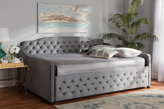 Baxton Studio Freda Transitional and Contemporary Grey Velvet Fabric Upholstered and Button Tufted Full Size Daybed
