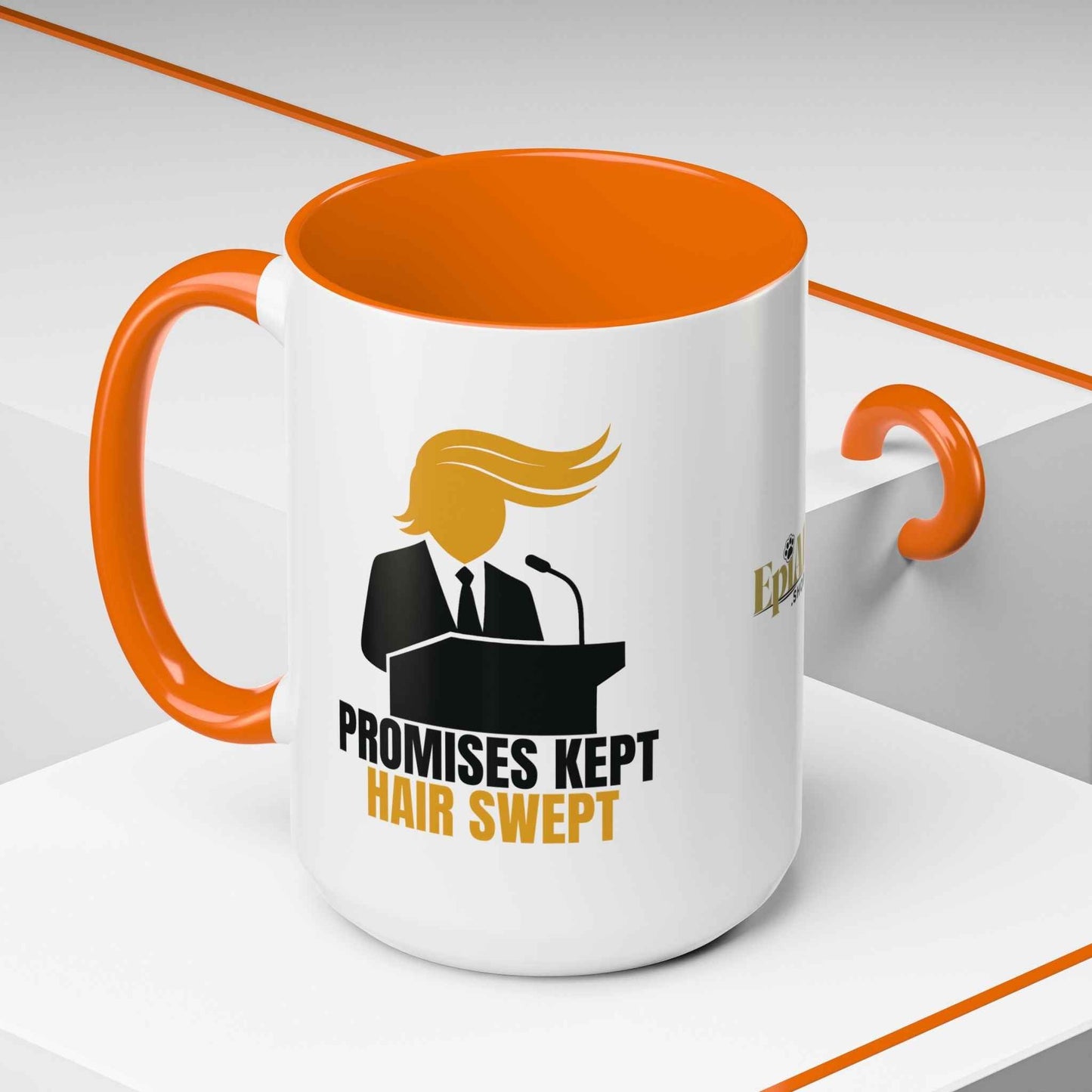Promises Kept, Hair Swept β Two-Tone Coffee Mug (Political Parody)