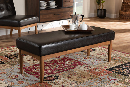 Baxton Studio Arvid Mid-Century Modern Dark Brown Faux Leather Upholstered Wood Dining Bench
