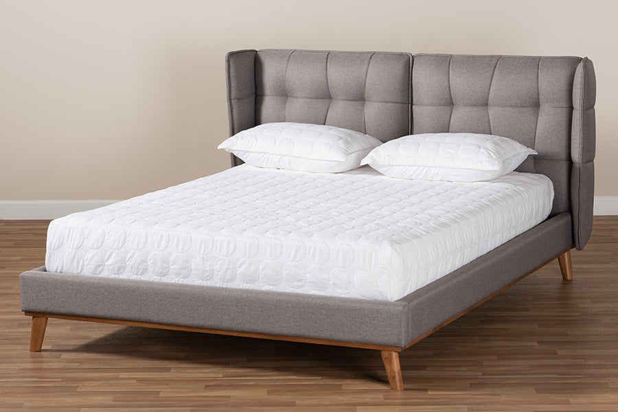 Baxton Studio Gretchen Modern and Contemporary Grey Fabric Upholstered and Walnut Brown Finished Wood Queen Size Platform Wingback Bed
