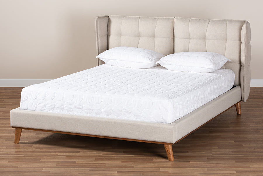 Baxton Studio Gretchen Modern and Contemporary Light Beige Fabric Upholstered and Walnut Brown Finished Wood King Size Platform Wingback Bed