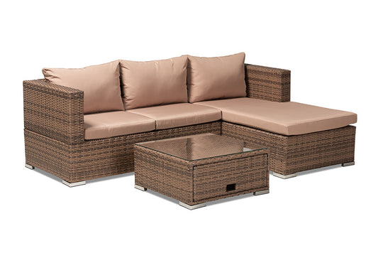 Baxton Studio Addison Modern and Contemporary Light Brown Upholstered and Brown Finished 3-Piece Woven Rattan Outdoor Patio Set with Adjustable Recliner