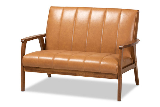 Baxton Studio Nikko Mid-century Modern Tan Faux Leather Upholstered and Walnut Brown finished Wood Loveseat