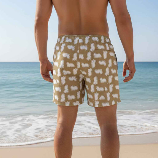 Laid-Back Cat Chaos Swim Trunks – Sand Tone Minimalist Print, Casual Beach Shorts