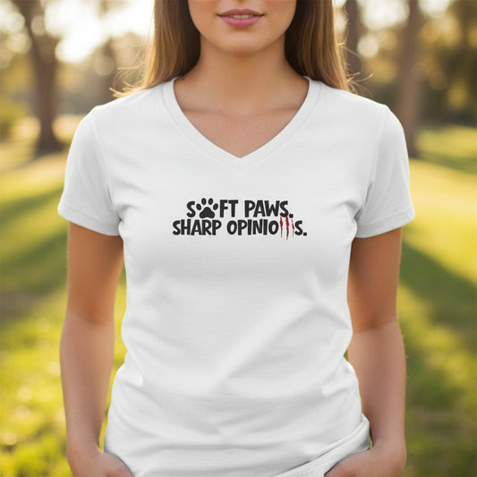 Soft Paws, Sharp Opinions Women’s V-Neck Tee