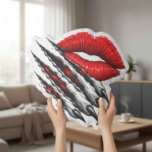 Kiss & Claw Shaped Pillow – Red Lips Slash Accent Pillow (Dark Romance Edition)