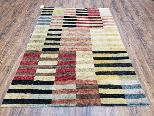 Modern Tibetan Rug 4' x 5' 9", Medium Sized Abstract Handmade Carpet, Hand-Knotted Soft Pile Wool Rug, Multicolor Contemporary Rug, Colorful