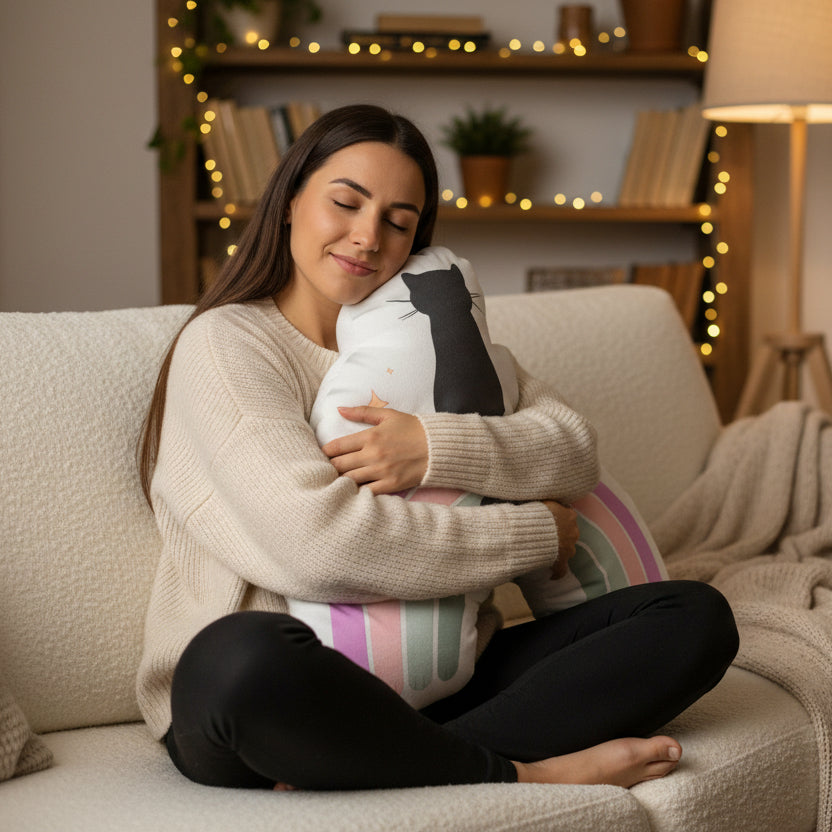Rainbow Perch Cat Pillow — Quiet, Balanced, Exactly Where It Wants to Be