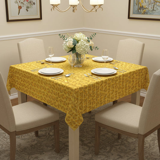 Golden Purr Cat Tablecloth – Minimalist Line Art Polka Dot Design (55" × 55")