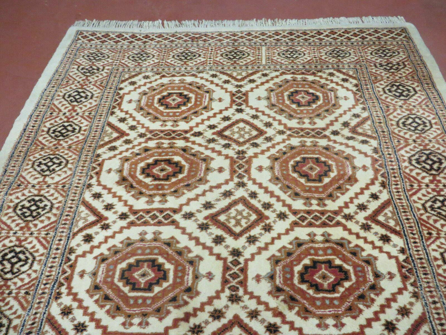 4' X 7' Vintage Handmade Pakistani Turkoman Bokhara Balouch Woven Wool Rug Ivory