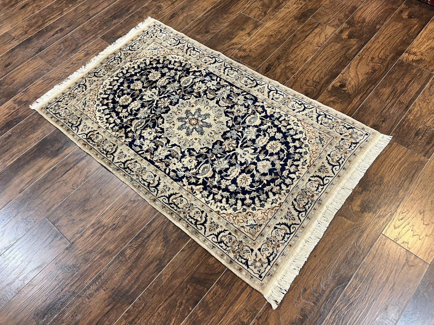 Persian Nain Rug 3x5, Floral Medallion Oriental Carpet, Very Fine Hand Knotted Handmade Wool and Silk Highlights Rug, Vintage Semi Antique