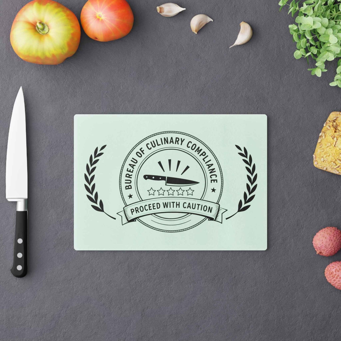Bureau of Culinary Compliance Cutting Board – “Proceed With Caution” Glass Board