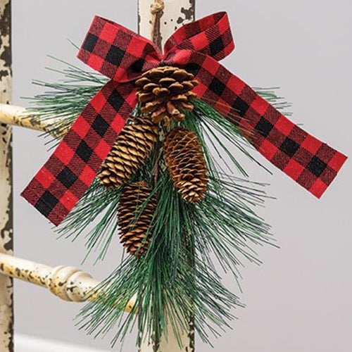 Hanging Pine Spray w/ Buffalo Check Bow (Pack of 4)