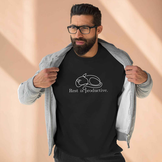 “Rest Is Productive” Minimalist Cat Sweatshirt – Comfort Fleece Pullover