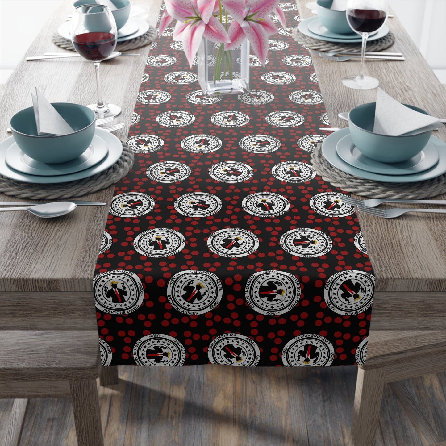 Certified Six Seven Table Runner – Political Parody Medallion Table Decor