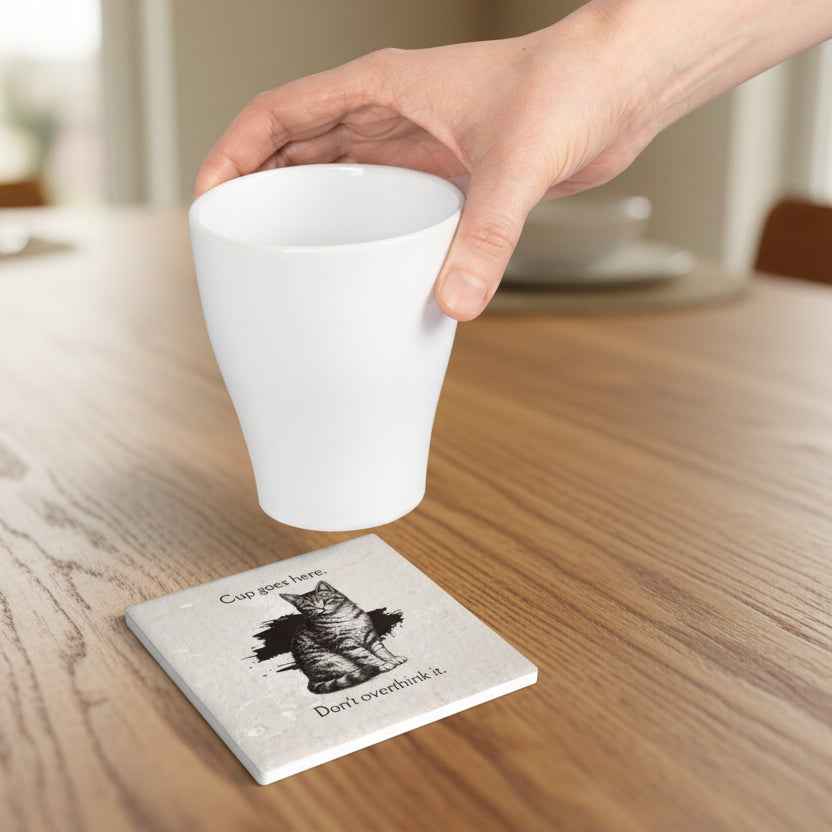 “Cup Goes Here” Cat Coaster — Instructions, Clearly Labeled