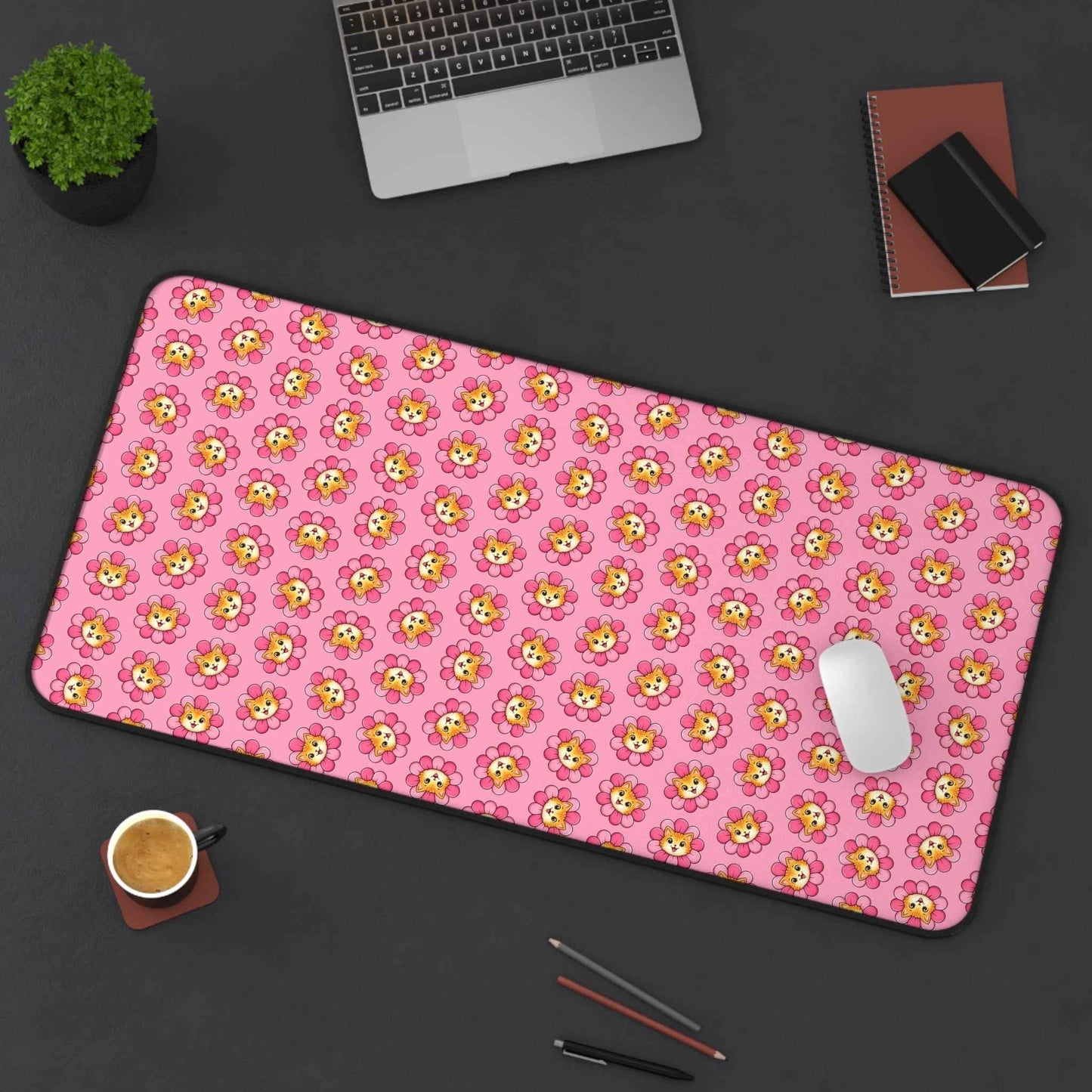 Blooming Chaos Pink Cat Pattern Desk Mat