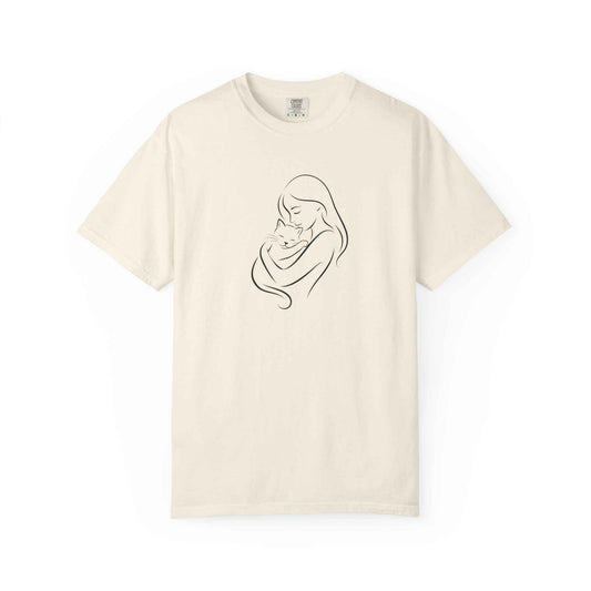 Mother & Cat Embrace T-Shirt | Minimal Line Art Cat Mom Shirt