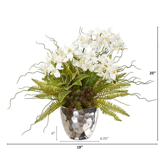 25" Phalaenopsis Orchid, Succulent and Fern Artificial Arrangement in Silver Vase