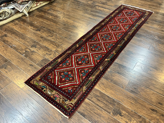 Persian Tribal Runner Rug 3x10, Red Camel Hair Navy Blue, Handmade Hand Knotted 10ft Wool Oriental Vintage Runner for Kitchen or Hallway, Persian Lilihan Hamadan Runner