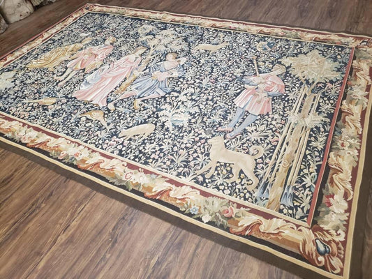 Vintage European Tapestry 5.4 x 7.11, Antique Style European Wall Hanging, Aubusson Weave Handmade Tapestry, Courtship Dating Scene, Animals