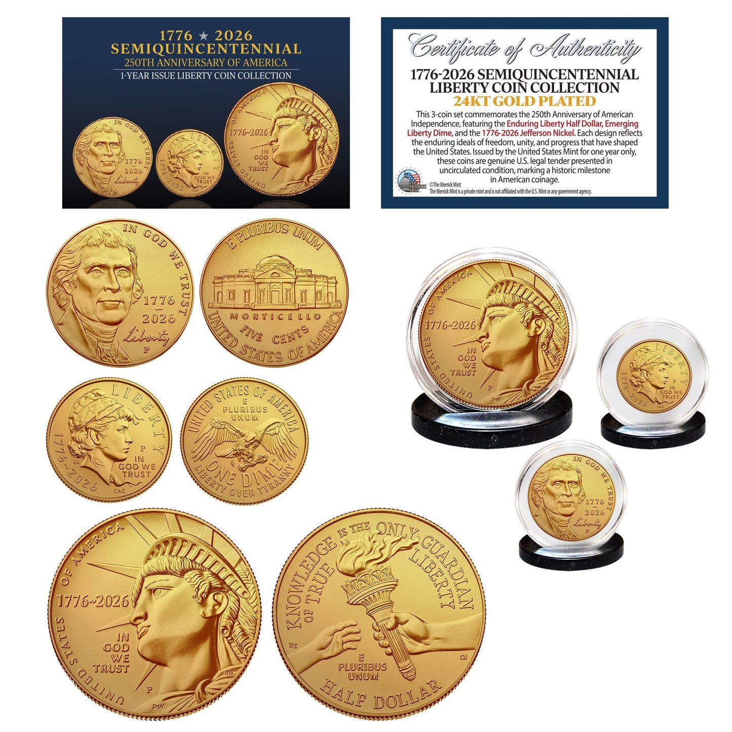 (P-MINT) 1776β2026 Semiquincentennial Liberty 3-Coin Set 24KT Gold Plated β USA 250th Collector's Edition