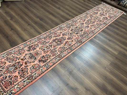 Persian Sarouk Runner Rug 2.9 x 13.6, Wool Floral Hand Knotted Runner
