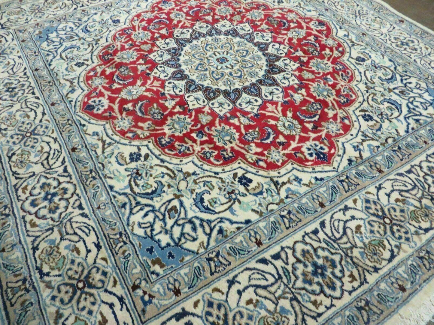 Square Persian Nain Rug 6'3" x 6' 8", Hand-Knotted, Wool with Silk Accents, Ivory Red Blue