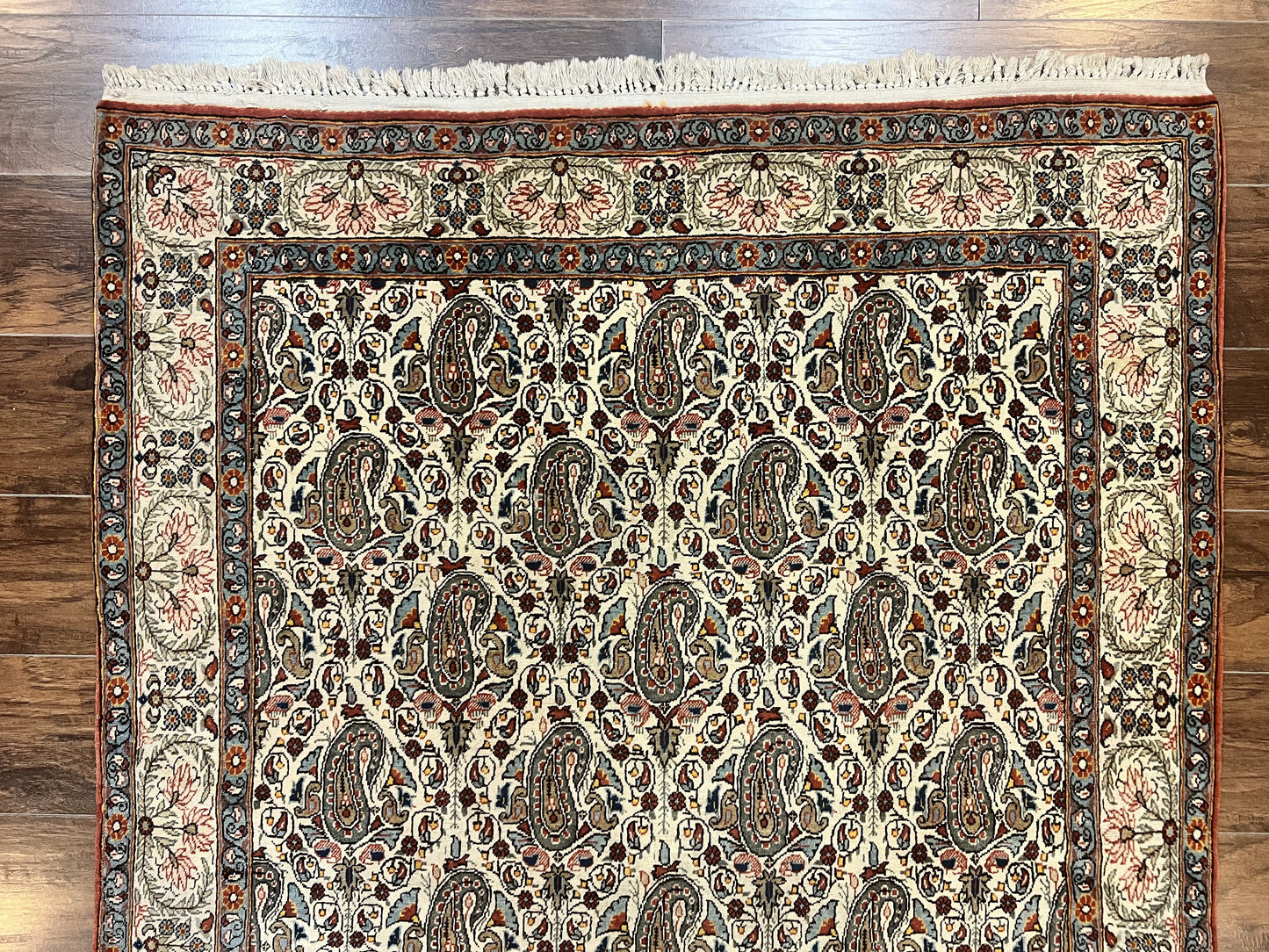Persian Qum Rug 5x6, Cream Wool Hand Knotted Carpet, Repeated Boteh Paisely Design, Semi Antique Vintage Rug, Very Fine Weave 5 x 6 Rug