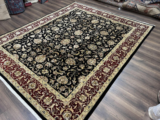 Indo Persian Rug 8x10, Black and Maroon Floral Allover Wool and Silk Oriental Carpet 8 x 10 ft, Hand Knotted Traditional Vintage Room Sized