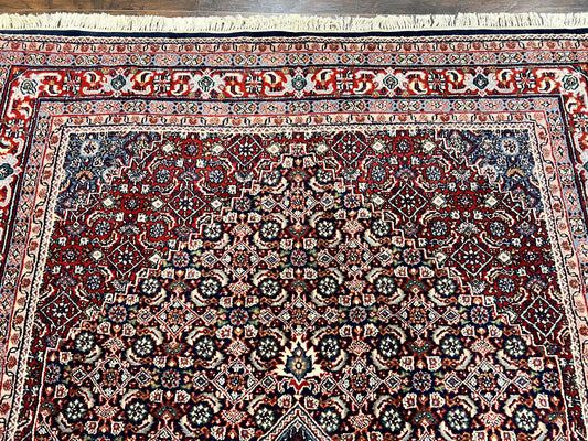 Indo Persian Rug 7x10, Dark Blue and Red Hand Knotted Wool Vintage Oriental Carpet 7 x 10 ft, Handmade Bidjar Rug, Herati Pattern Indian Rug