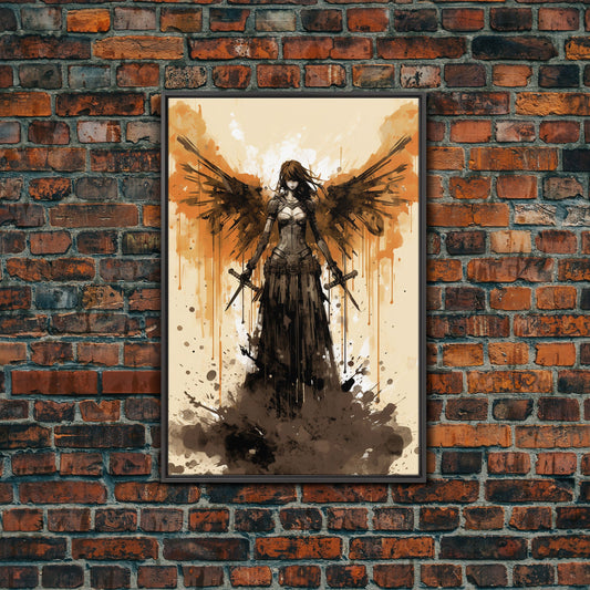 Dark Angel Wall Art, Gothic Wall Art, Watercolor Art, Canvas Print, Wall Art, Vertical Art, Dorm Room Art, Bedroom Prints, Gaming Wall Decor