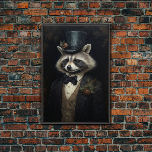 Distinguished Dapper Gentleman Raccoon, Funny Animal Prints, Humorous Art, Framed Canvas, Wall Art, Canvas Print, Funny Halloween Decor