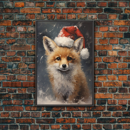 Cute Christmas Fox In A Santa Hat, Christmas Art, Christmas Decor, Christmas Wall Art, Farmhouse Christmas, Vintage Christmas, Fox Art