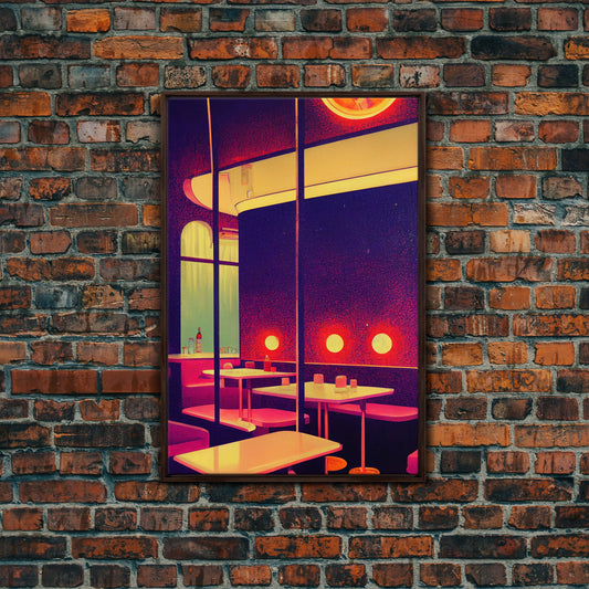Retro 50s style diner art, vintage style, outrun style art, Framed Canvas Print, Ready To Hang Framed Wall Art, Living Room Wall Hanging