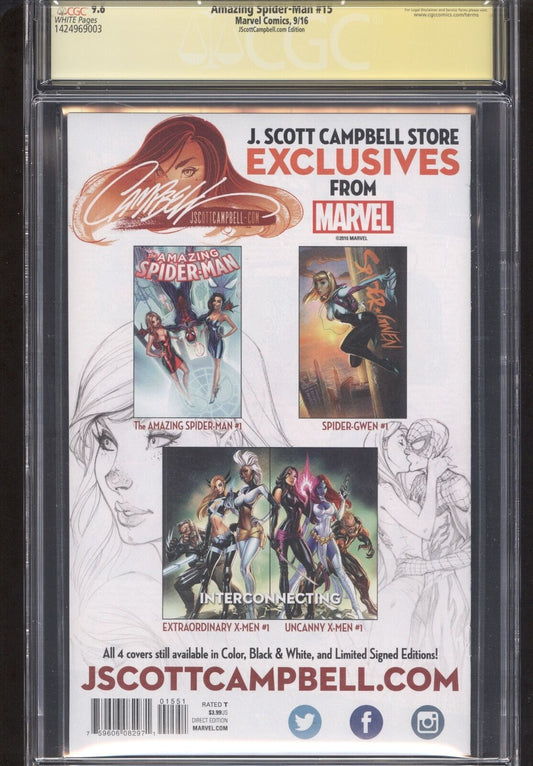 Amazing Spider Man #15 Signed J Scott Campbell CGC 9.6 NM+ 1st MJ Iron Spider