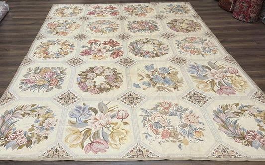 Vintage Needlepoint Rug 8x11, Floral Panel Design, Flatweave Handmade Needlepoint Carpet 8 x 11, Room Size Wool Needlepoint Rug, Cream Color