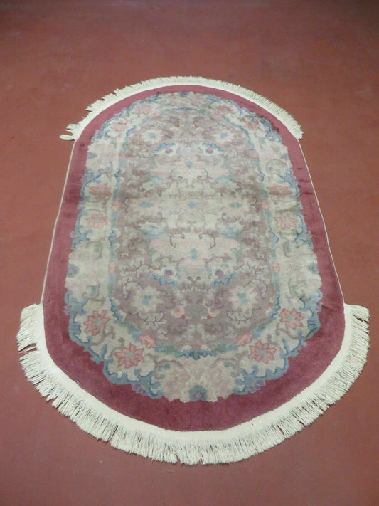 Oval Chinese Art Deco Rug 3x5 Vintage Wool Carpet