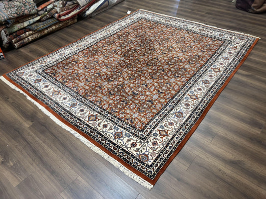 Indo Bidjar Rug 8x10, Indo Persian Bijar Carpet 8 x 10 ft, Herati Allover Floral, Red and Ivory, Wool Hand Knotted Vintage Oriental Rug Nice