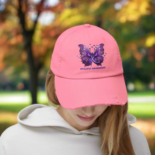 Epilepsy Awareness Butterfly Distressed Hat – Purple Ribbon Awareness Cap