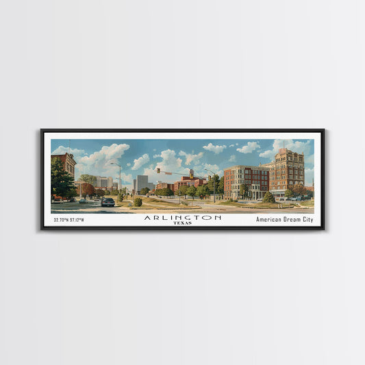 Arlington Texas Panoramic Painting, Watercolor Framed Canvas Print, Scenic City Art, Travel Poster, Wall Decor, Living Room Art, Gift Idea