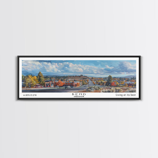 Bend Oregon Panoramic Watercolor Painting, Framed Canvas Print, Scenic City Art, Travel Poster, Wall Decor, Living Room Art, Gift Idea