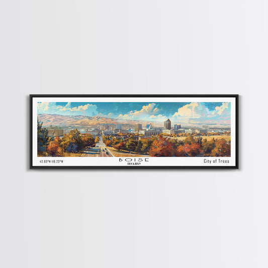 Boise Idaho Panoramic Watercolor Painting, Framed Canvas Print, Scenic City Art, Travel Poster, Wall Decor, Living Room Art, Gift Idea
