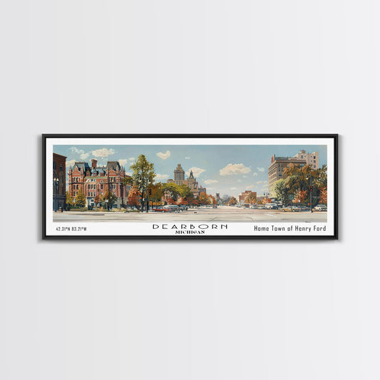 Dearborn Michigan Panoramic Watercolor Painting, Scenic Framed Canvas Print, Urban Wall Art for Living Room, Travel Decor, City Print, Gift Idea